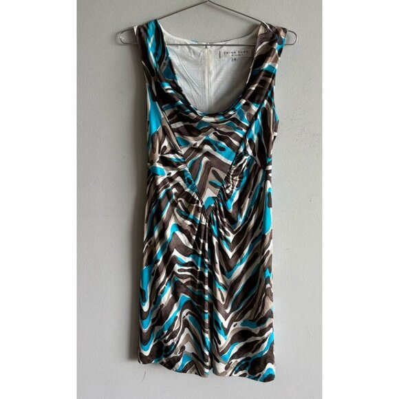 Trina Turk Womens Abstract Print Draped Silk Dress Blue Brown White Size 6 - Picture 1 of 8